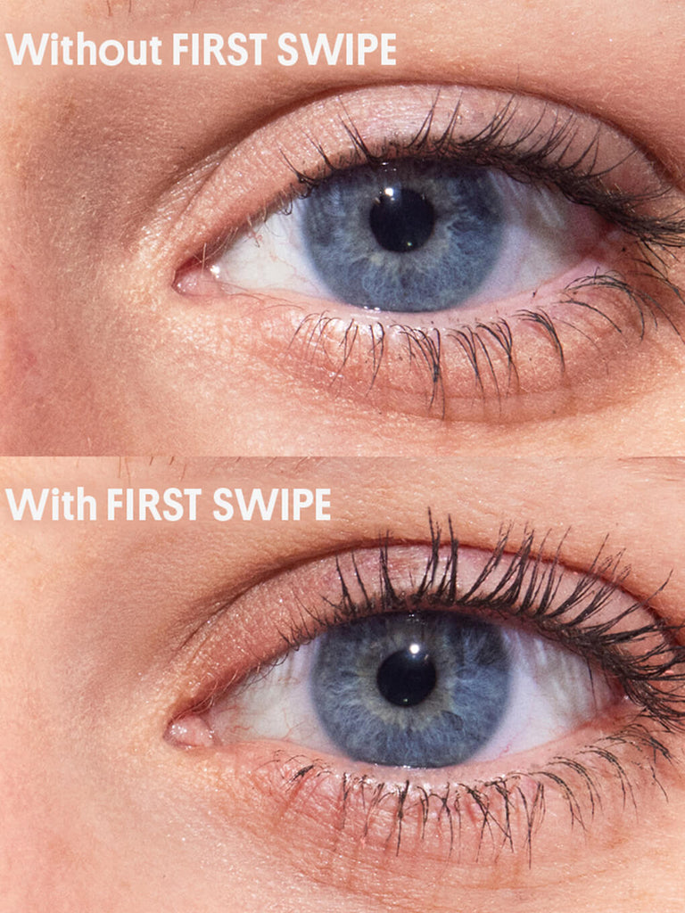 close up of model before and after applying first swipe lash primer
