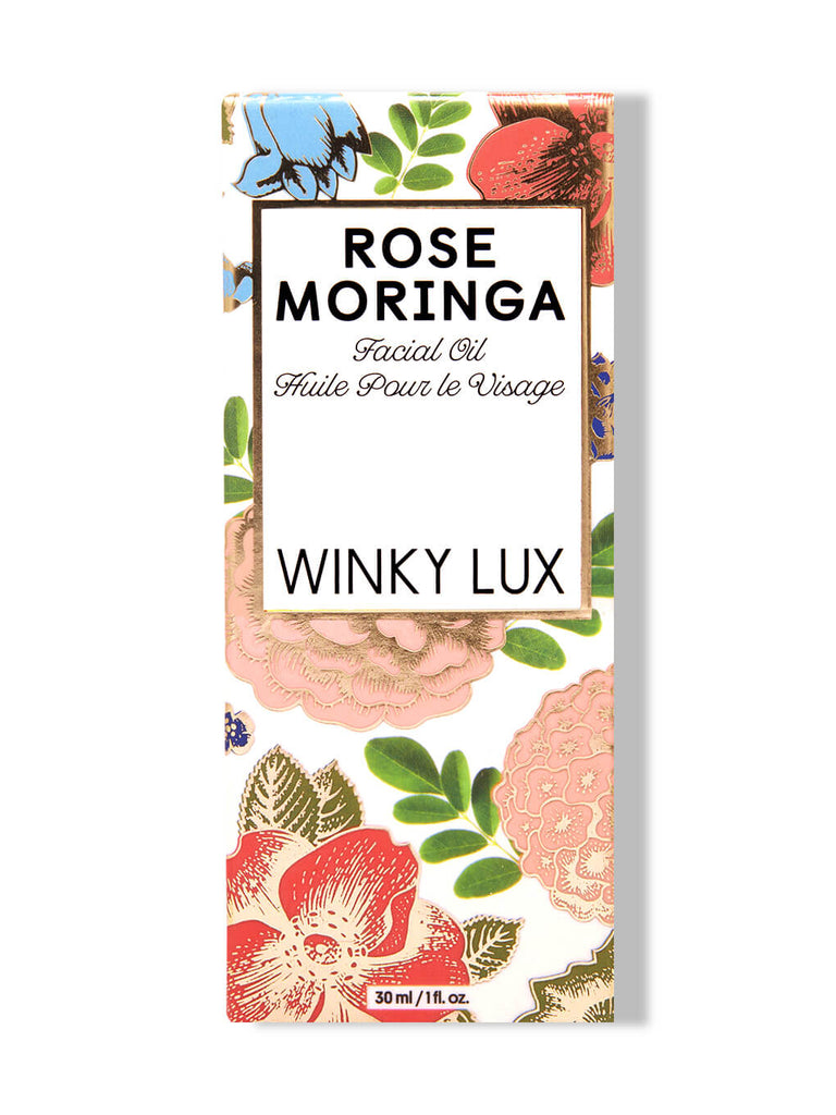 rose moringa facial oil in box on white background