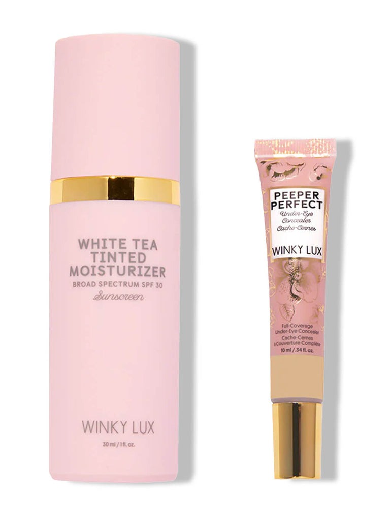 white tea tinted moisturizer and peeper perfect under eye concealer on white background
