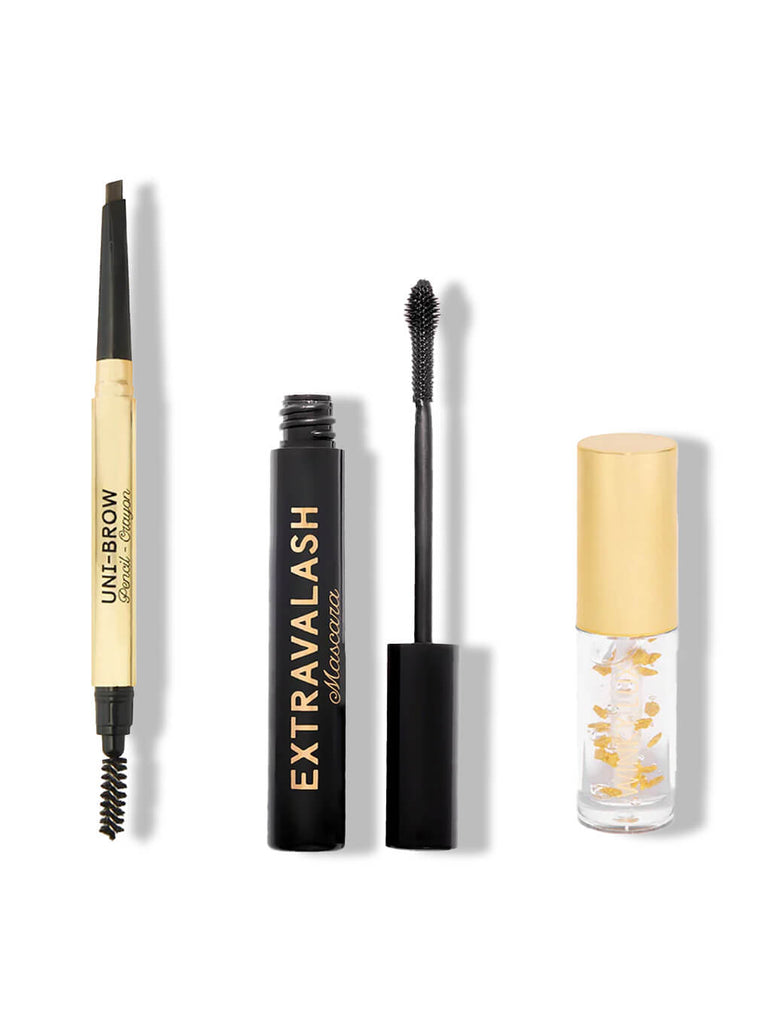 unibrow universal brow pencil, extravalash mascara and in the stars nourishing lip oil on white background