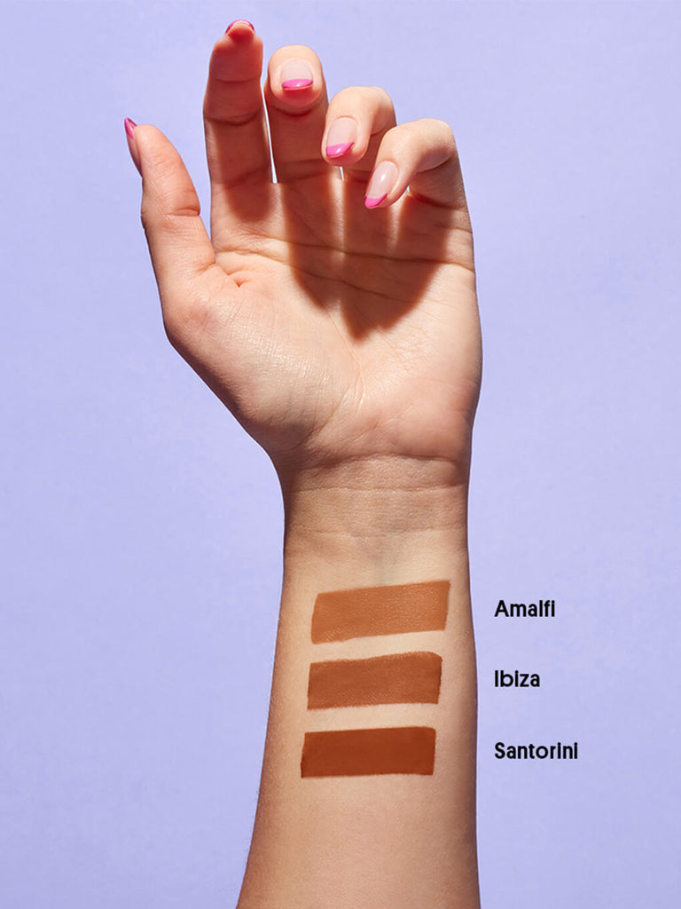 santorini -- 3 shades of cheeky rose liquid contour sculpt swatched on wrist