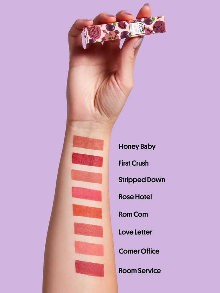 love letter -- 8 swatches of skinny plump demi matte plumping lipstick on wrist