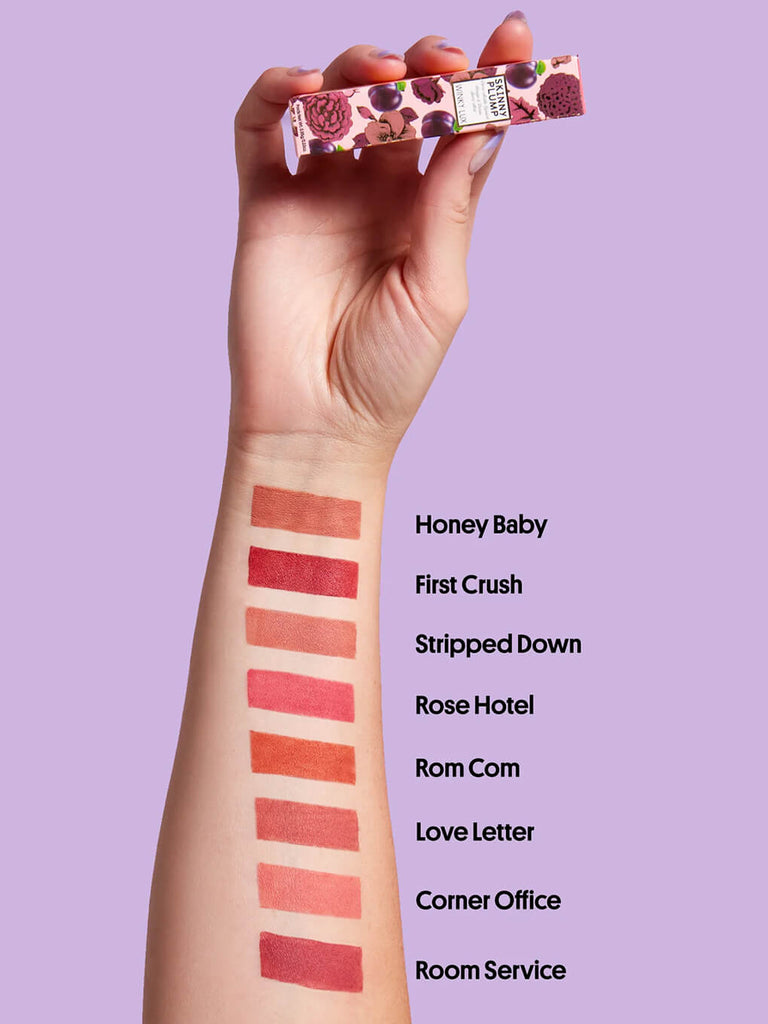 eight nude shades of skinny plump lipstick swatched on wrist