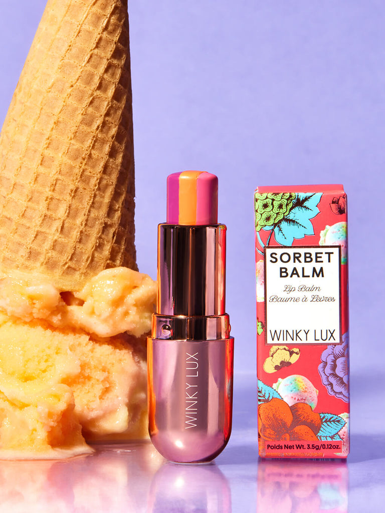 sorbet tinted lip balm next to box and ice cream cone