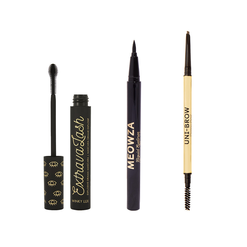 Line and Define Set -- extravalash mascara, meowza liquid eyeliner and precision eyebrow pencil on white background