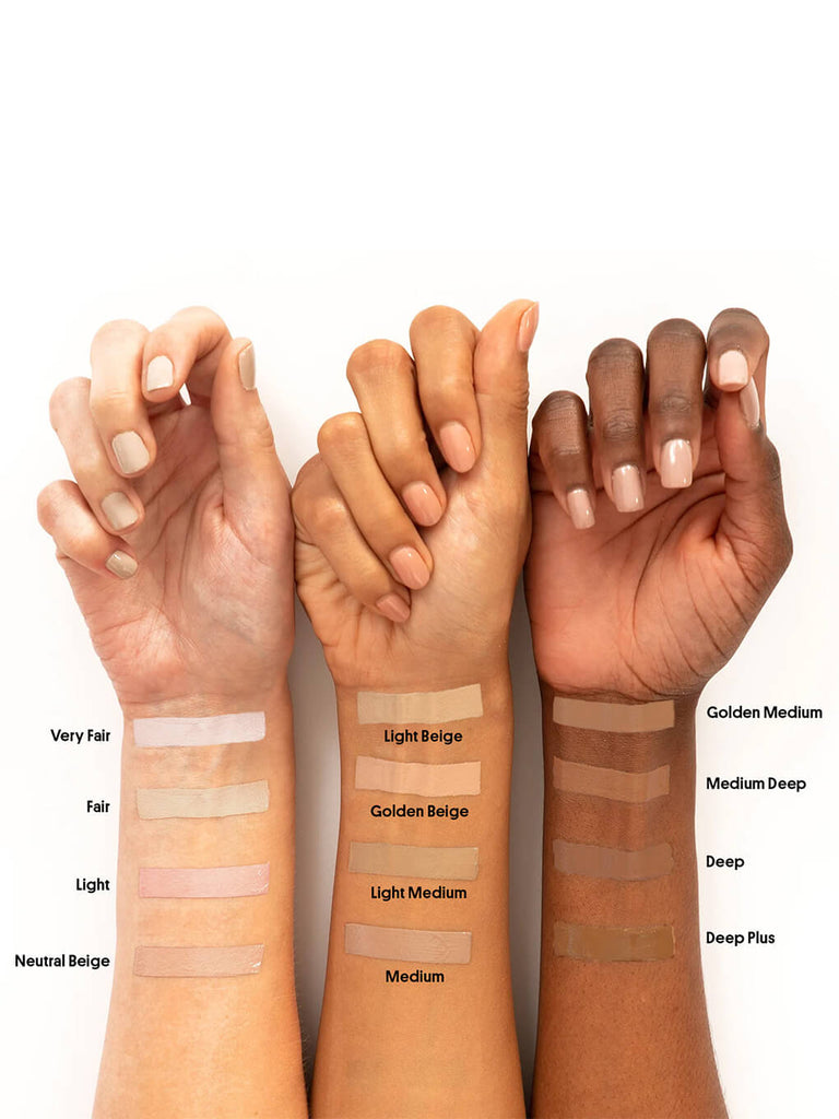 three wrists with swatches of white tea tinted moisturizer and peeper perfect under eye concealer