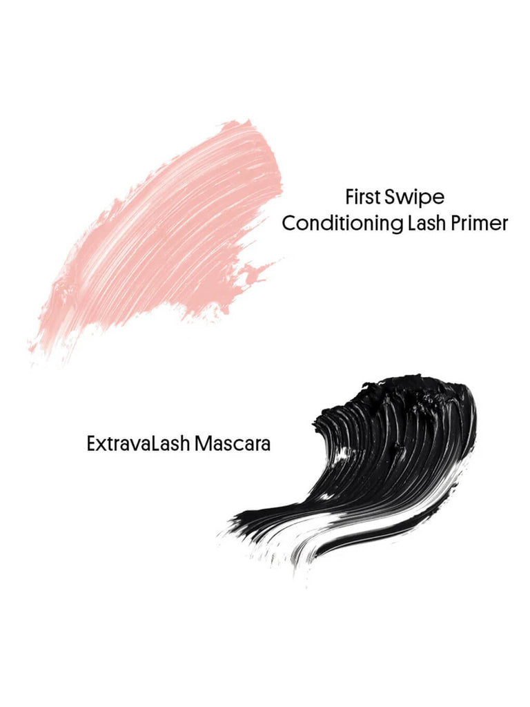 swatches of first swipe conditioning lash primer and extravalash mascara on white background