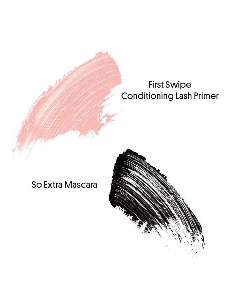swatches of first swipe conditioning lash primer and so extra mascara on white background