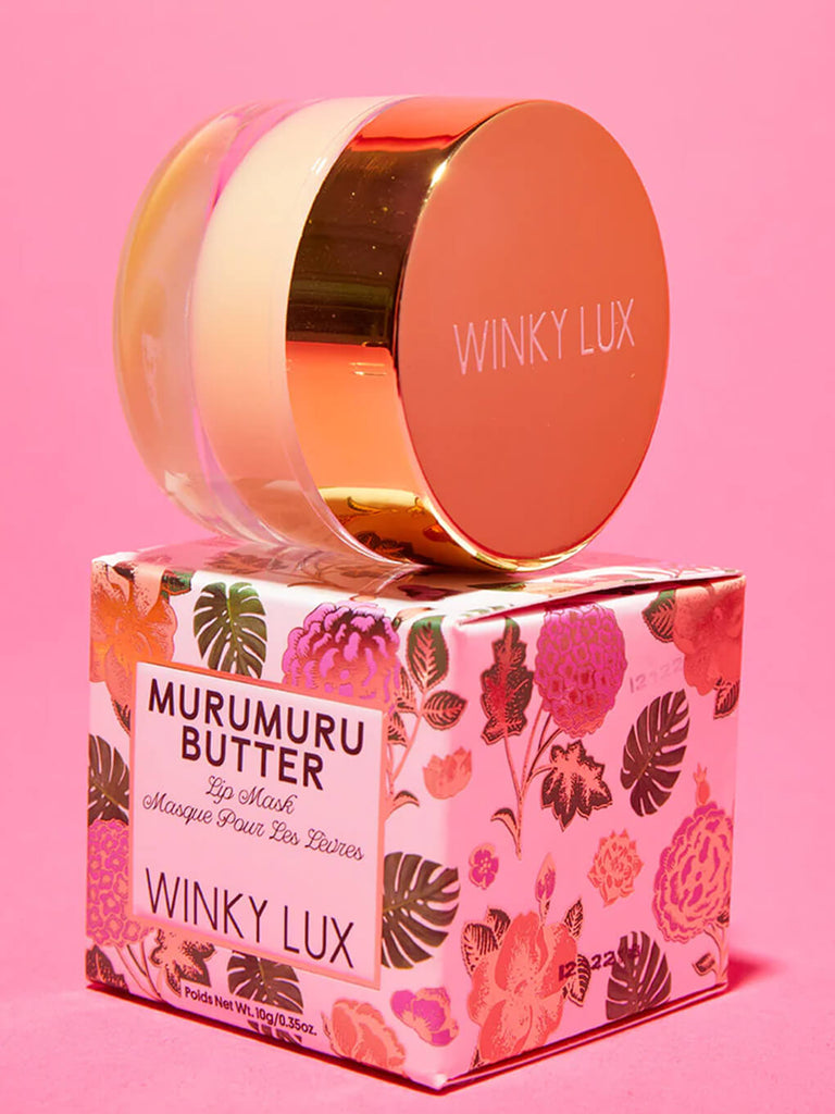 murumuru butter lip mask sitting on top of box on pink background