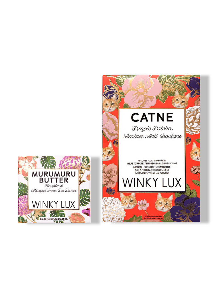 catne pimple patches and murumuru butter lip mask in boxes on white background