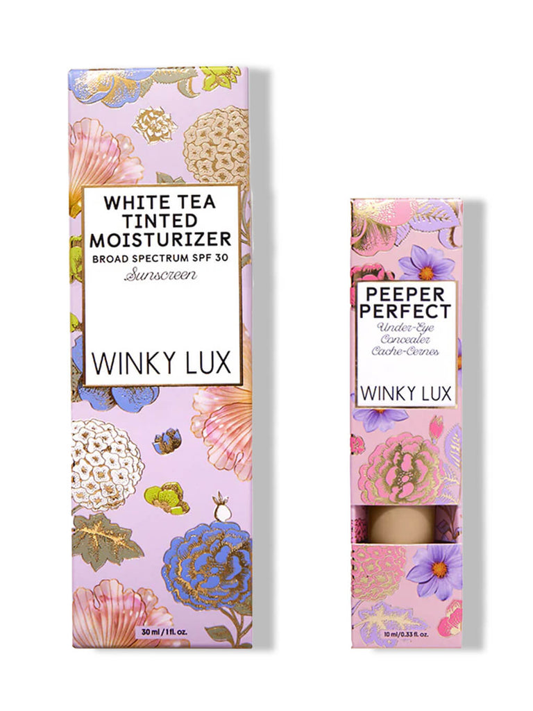white tea tinted moisturizer and peeper perfect under eye concealer in boxes on white background