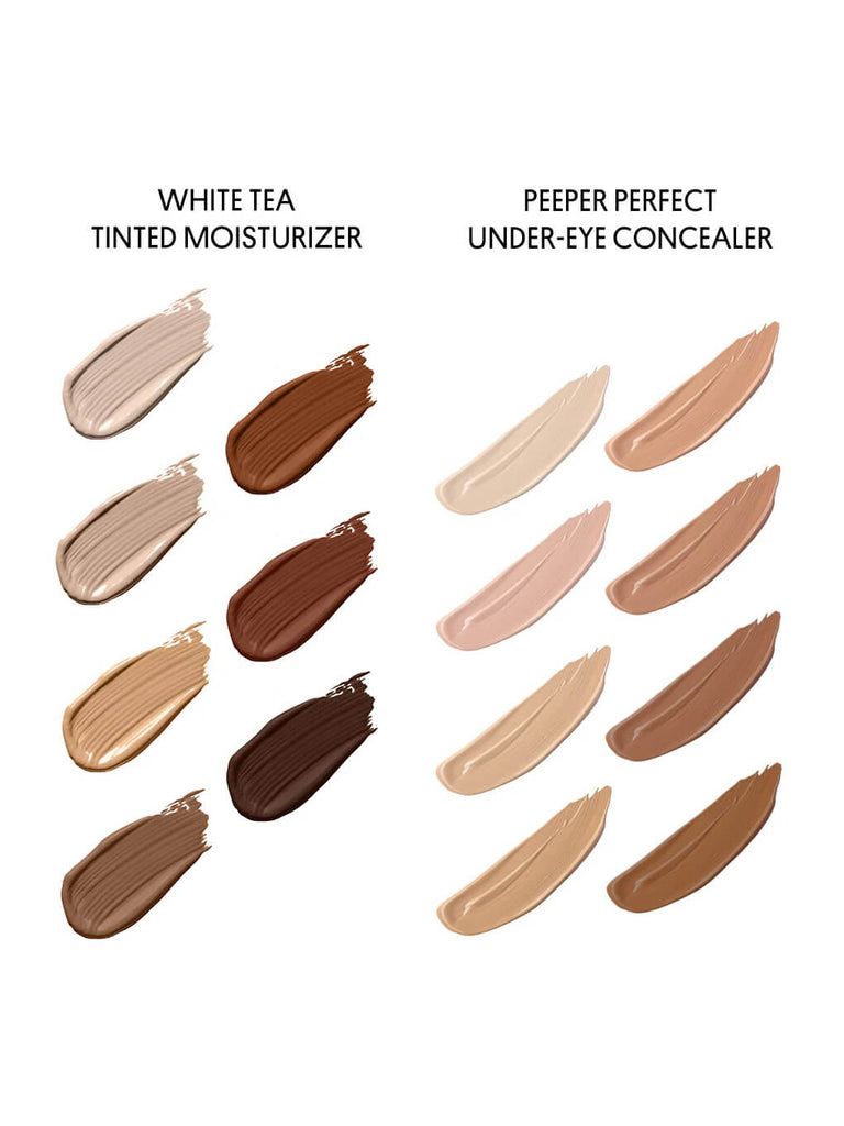 white tea tinted moisturizer and peeper perfect under eye concealer swatches on white background