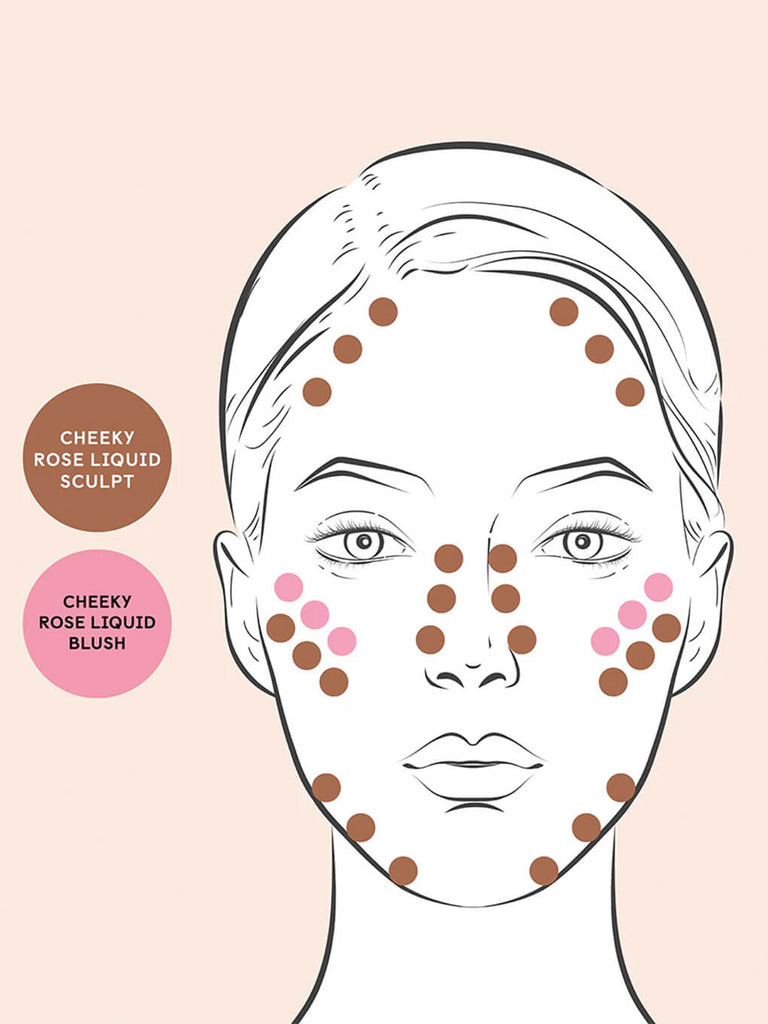 graphic illustration of face with dots of liquid blush and contour on cheeks