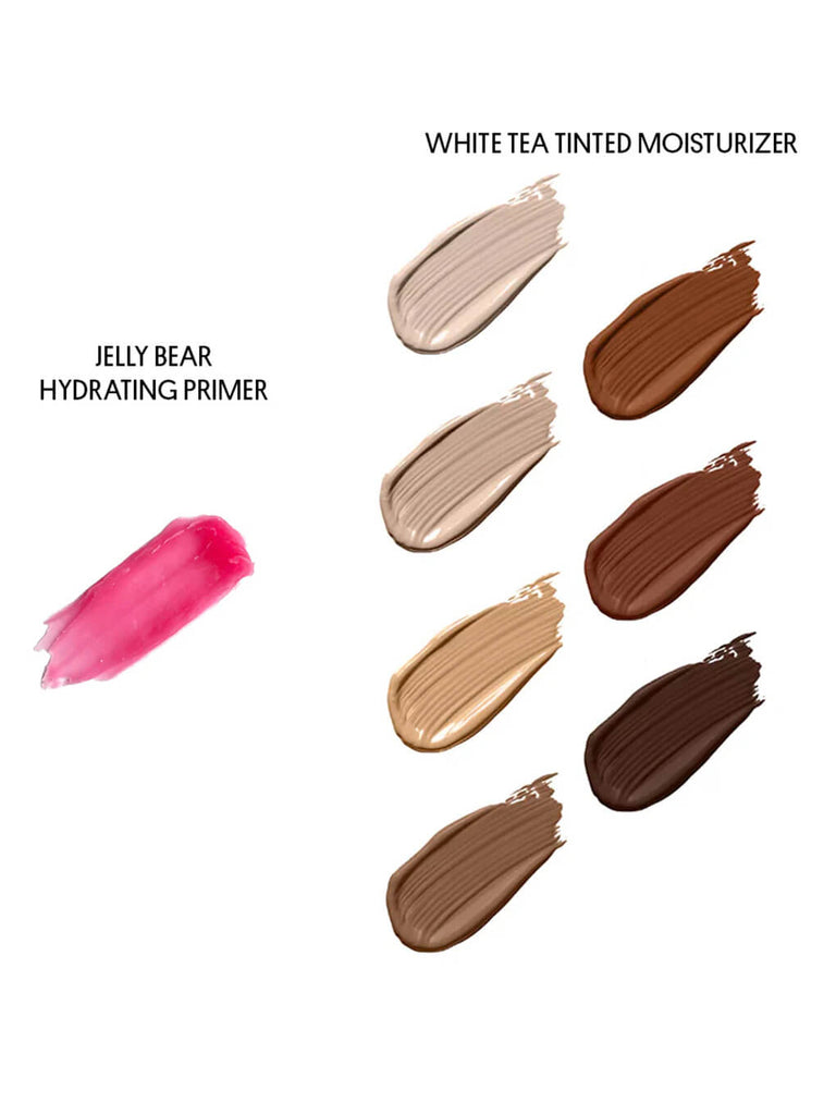 swatches of white tea tinted moisturizer and jelly bear hydrating primer on white background