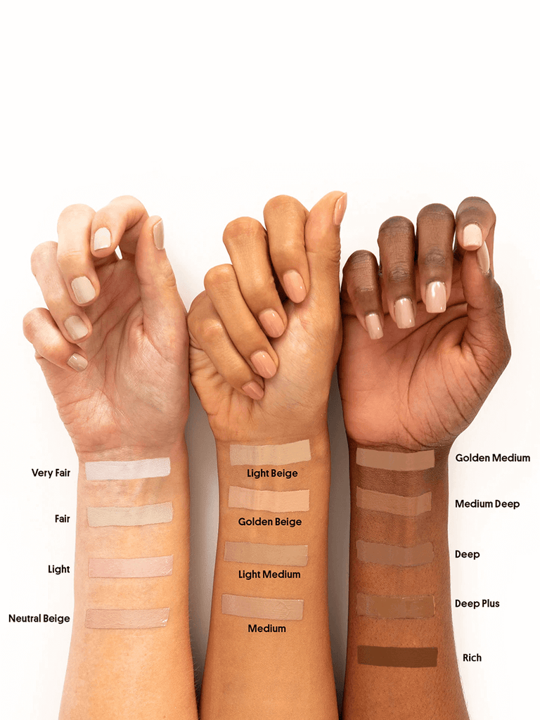 Deep/Plus -- wrists in the air showing all swatches of peeper perfect under eye concealer