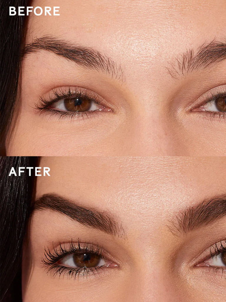 black -- close up of brunette model before and after applying unibrow tinted brow gel