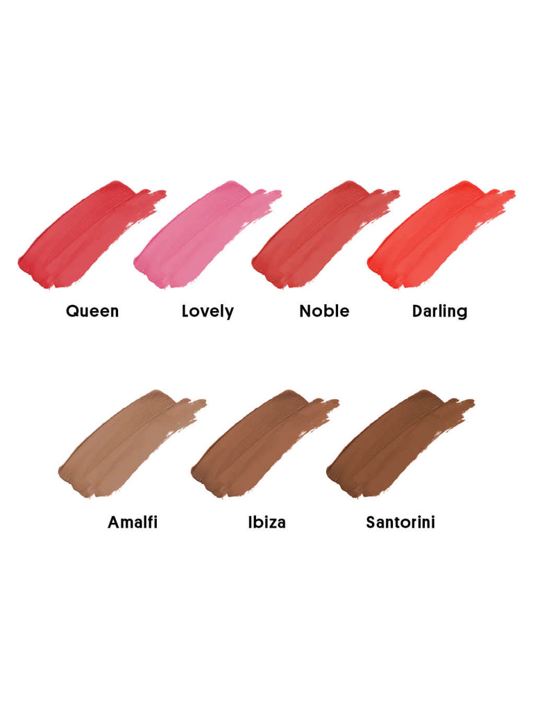 swatches of all shades of liquid blush and contour on white background