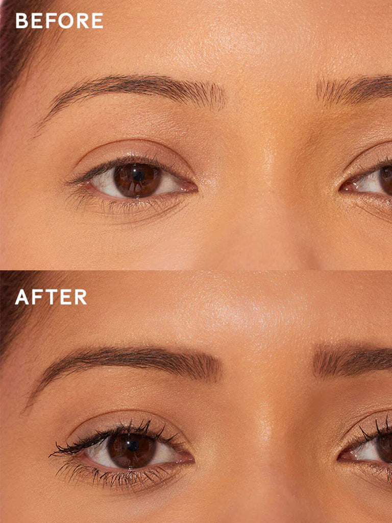 close up of brunette model before and after wearing mini unibrow tinted brow gel