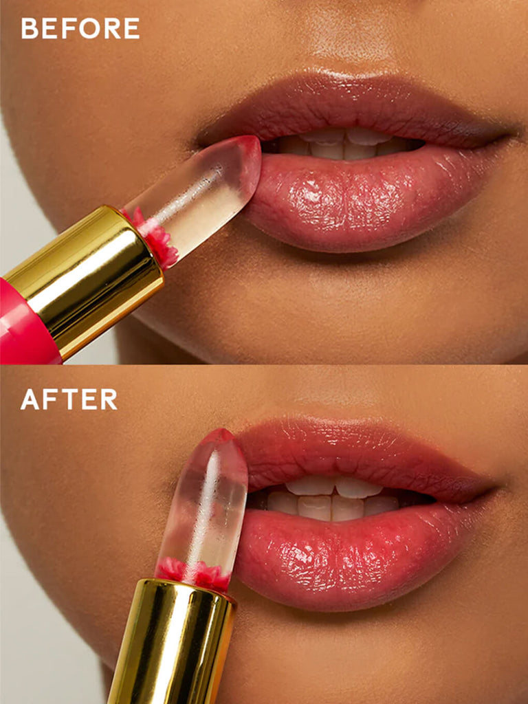 before and after split screen image of model applying pH flower lip balm