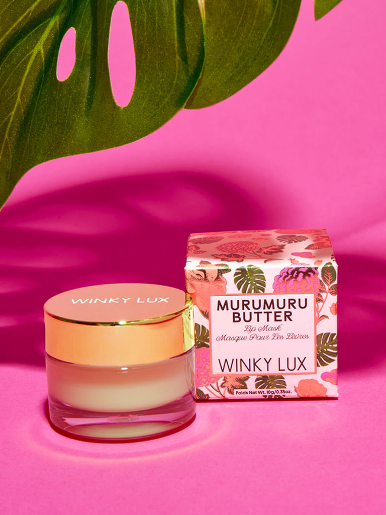 murumuru butter lip sleeping mask under palm tree on pink background