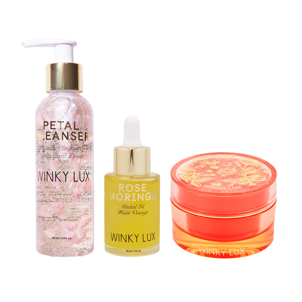 So Quenched Skincare Trio -- petal facial cleanser, rose moringa facial oil and dream gelee face moisturizer on white background